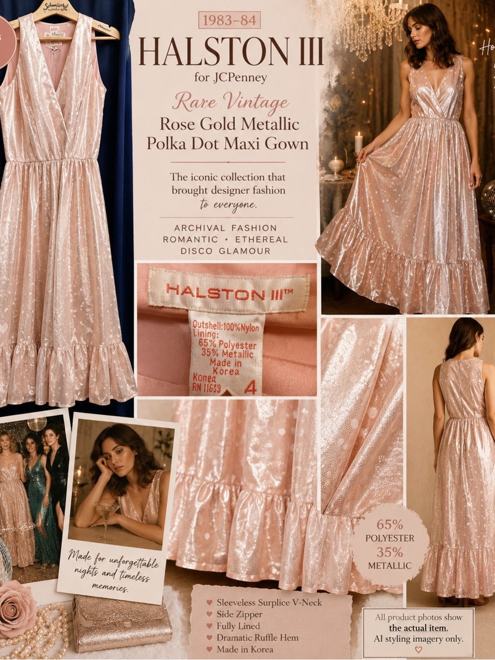 VTG 1983 Halston III Metallic Rose Gold Polka Dot Maxi Dress Sz 4 Disco Ethereal